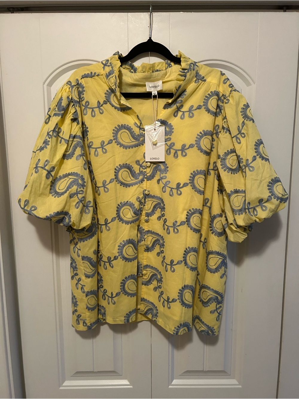 Lovelo Yellow Paisley-Print Puff Sleeve Top with Blue Motif